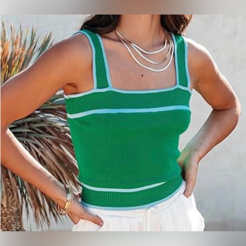 Womenâs Dokotoo Cropped Tank Top Lightweight Sweater Preppy Green W/Blue 2xl